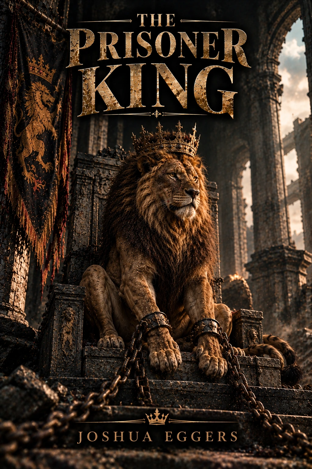 The Prisoner King by Joshua Eggers: a crowned lion in chains seated on a throne